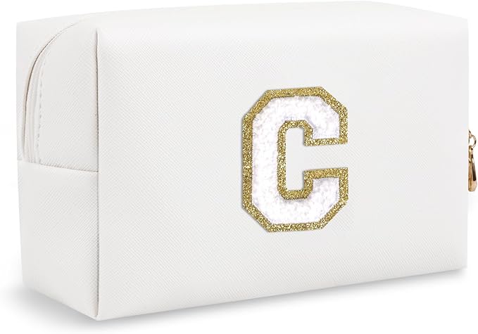 Personalized Initial Preppy Makeup Bag, Small Cute White Toiletry Pouch Monogram Cosmetic Travel Organizer with Zipper, PU Waterproof Glitter Make Up Bags Storage Gift for Women Coworker(Letter C)