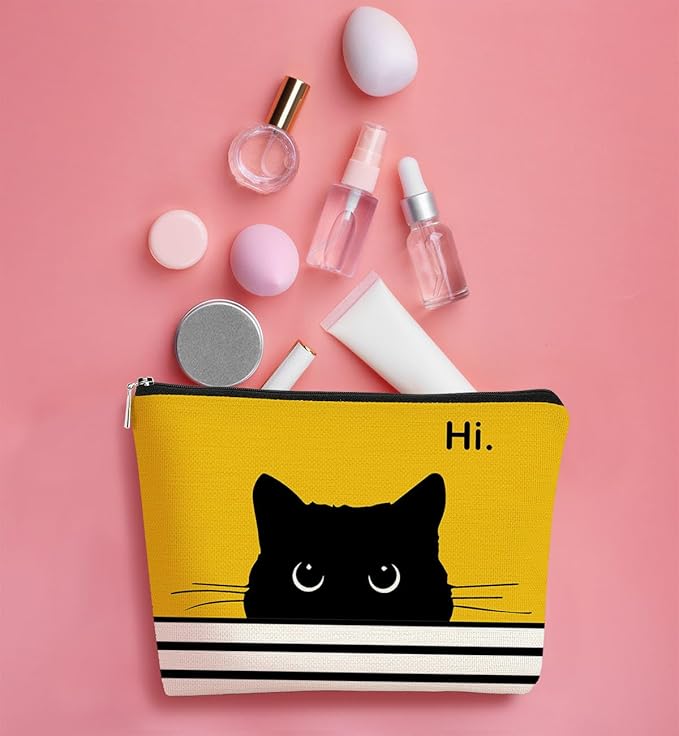 Cat Makeup Bag - Small Cute Cosmetic Bag for Women & Teen Girls - Birthday & Cat Lady Gifts (Black, Yellow)