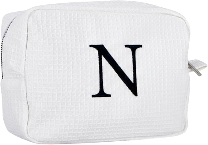 Personalized White Waffle Makeup Bag,Custom Embroidered Initial Cosmetic Pouch for Women,Monogrammed Cosmetic Case,Bridesmaid Gifts (N)