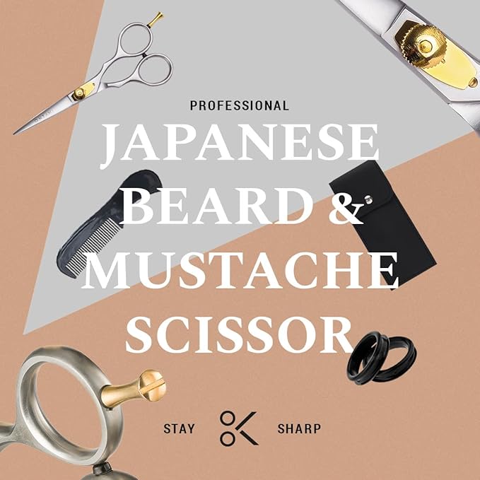 Ontaki Japanese Steel Beard & Hair Shears - Silver, 5.5 in - Precision Sharp Blades for Professional Hair Scissors - Rounded Tips for Mustache Scissors for Men - Finger Rest for Shears for Beard