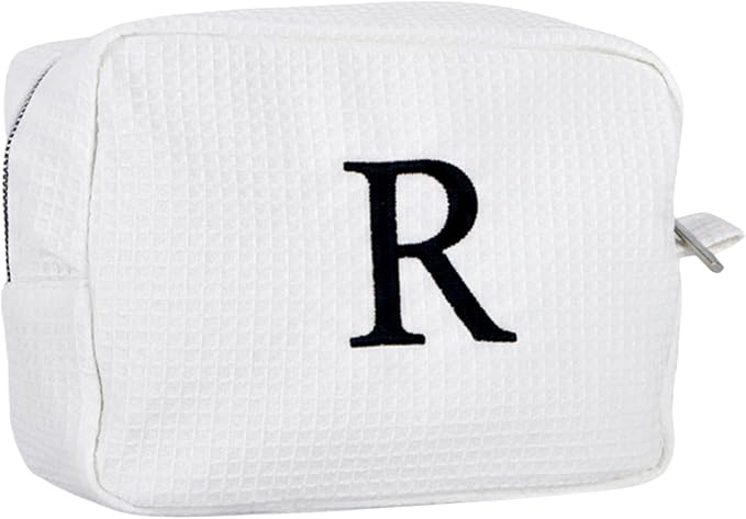Personalized White Waffle Makeup Bag,Custom Embroidered Initial Cosmetic Pouch for Women,Monogrammed Cosmetic Case,Bridesmaid Gifts (R)