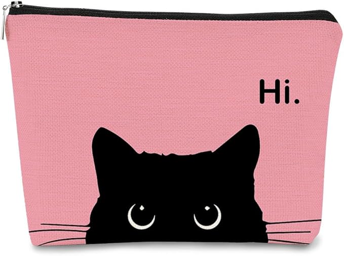 Cute Cat Makeup Bag - Black & Pink, Small Cosmetic Bag for Women & Teen Girls, Birthday Gift for Cat Lovers & Owners