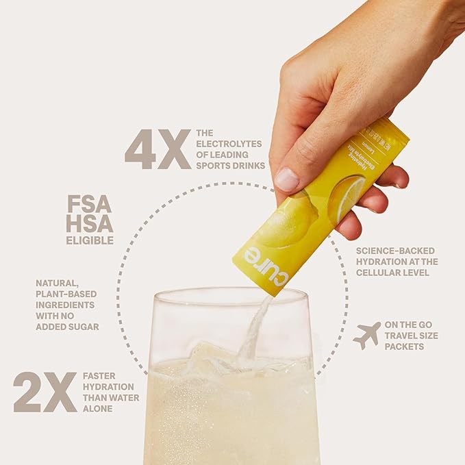 Cure Hydration | Plant-Based Electrolyte Drink Mix | No Added Sugar | FSA-HSA | Dehydration Relief Powder Made with Coconut Water | Non-GMO | Vegan | 28 Servings Jar - Lemonade