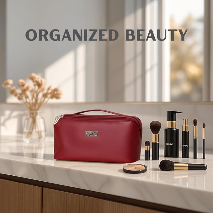 NAORI Travel Makeup Bag for Women | Large Luxury Cosmetic Organizer with Handle & Inner Pockets | Waterproof Leather Toiletry Bag | Makeup Case for Home, Travel & Gifting (Classic Burgundy)