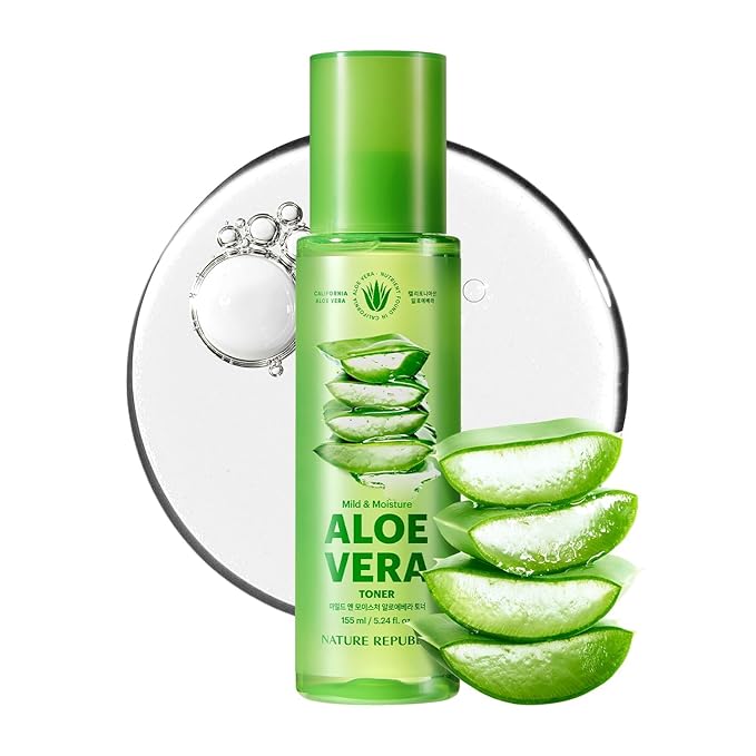 Nature Republic Mild & Moisture Aloe Vera Toner (NEW Ver.) Quick Hydration&fast absorbing non-sticky texture, Aftersun&Shave,Moisturizing Face Skin & Hair,korean skin care All Skin Types 150ml/5.24oz