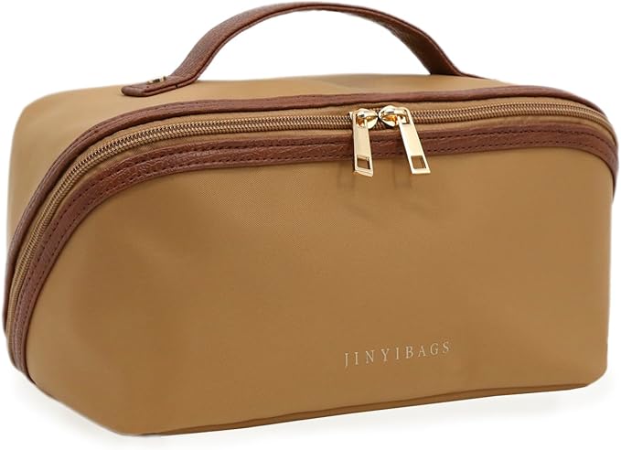 Travel Makeup Bag – Large Cosmetic Organizer with Waterproof Nylon, Smooth Double Zipper & Tear-Resistant Lining, Toiletry Pouch for Women (Khaki)