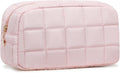 Makeup Bag for Women, Travel Cosmetic Bag Organizer with Compartments, Quilted Puffy Toiletry Pouch for Brushes, Essentials and Accessories, Pink