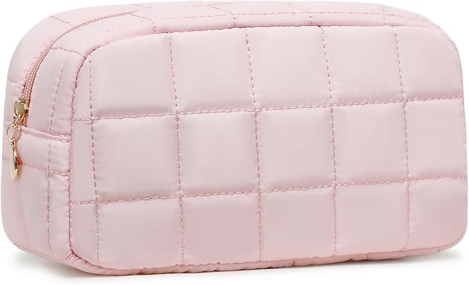 Makeup Bag for Women, Travel Cosmetic Bag Organizer with Compartments, Quilted Puffy Toiletry Pouch for Brushes, Essentials and Accessories, Pink