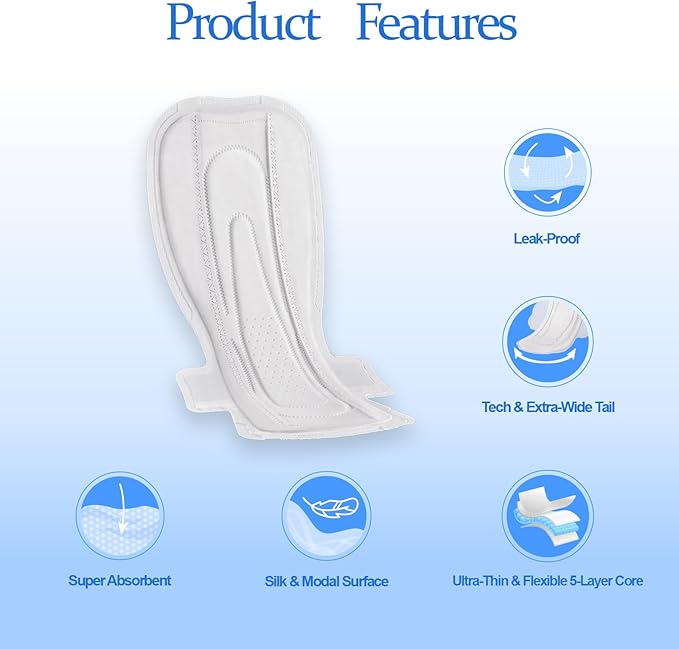 MODAL Heavy Flow Pads for Women Overnight, Unscented Sanitary Pads for Period with Wings, 16.5 Inch(420 mm), Extra Heavy Overnight, 8 Count