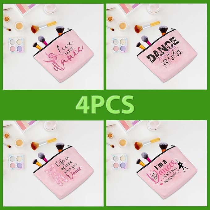 4 Pcs Dance Makeup Bag, Dancer Gifts, Dance Gifts Dance Stuff Cosmetic Bag Dance Recital Gifts for Girls Women Friends Teammates Travel Toiletry Bag, Dance Teacher Gifts Graduation Birthday Gifts