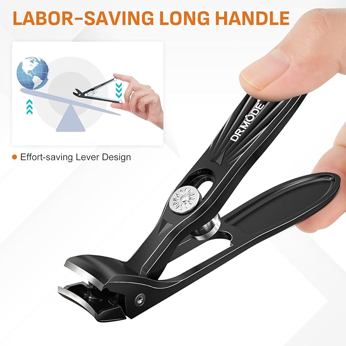 DRMODE Nail Clippers for Men Thick Nails, Angled Head Toe Nail Clippers for Thick Nails for Seniors, Wide Jaw Opening Toenail Clippers Heavy Duty Fingernail Clipper with Catcher Long Handle - Black
