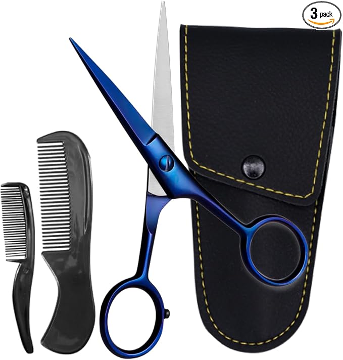 Ontaki Facial Hair Scissors - 5 Inch, Midnight Blue - High-Carbon German Steel Grooming Scissors for Beard & Mustache with Mustache Comb, Beard Comb & Leather Pouch