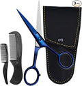 Ontaki Facial Hair Scissors - 5 Inch, Midnight Blue - High-Carbon German Steel Grooming Scissors for Beard & Mustache with Mustache Comb, Beard Comb & Leather Pouch