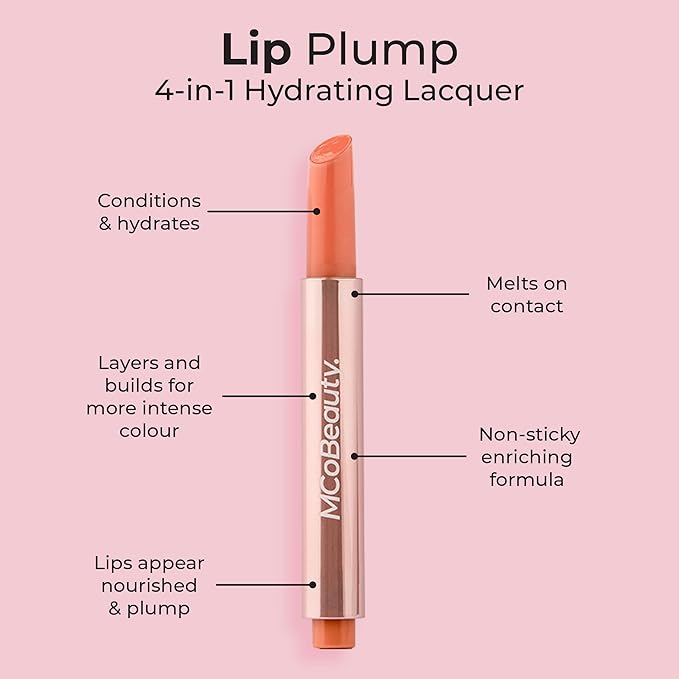 MCoBeauty - Lip Plump 4-in-1 Hydrating Lacquer - Multi-Benefit Lip Color with Shea Butter, Hyaluronic Acid and Click-Pen Format - Luella, Nude Melon Shade - 2.5ml