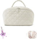 Makeup Bag for Woman, 180° Lay Flat Wide Open Makeup Bags, Large Fold out Washable Cosmetic Case, Quilted Puffy Toiletry Bags for Toiletries (White)