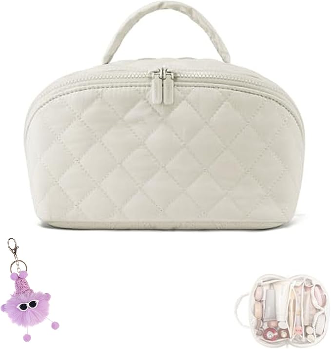 Makeup Bag for Woman, 180° Lay Flat Wide Open Makeup Bags, Large Fold out Washable Cosmetic Case, Quilted Puffy Toiletry Bags for Toiletries (White)