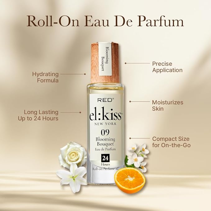 EL:KISS Roll On Perfume, Blooming Bouquet Inspired by Miss D. Eau de Parfum 12mL (.40 Fl Oz), Hydrating & Long-Lasting, Alcohol-Free & Mineral Oil-Free, Infused with Jojoba, Argan & Coconut Oil