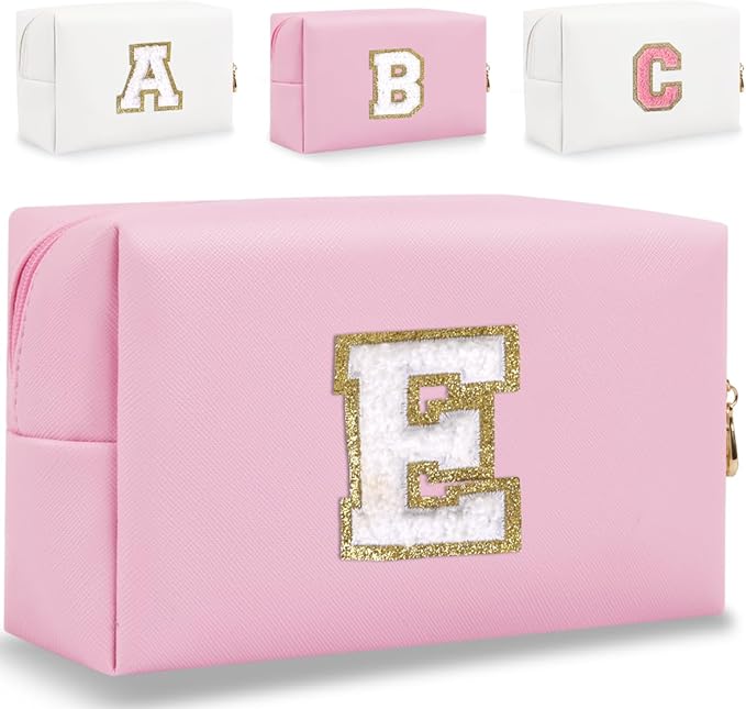 Small Personalized Letter Makeup Bag, Cute PU Leather Chenille Letters Cosmetic Bag Travel Makeup Pouch, Preppy Travel Organizer Zipper Pouch for Women&Girls（Pink-E）