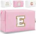 Small Personalized Letter Makeup Bag, Cute PU Leather Chenille Letters Cosmetic Bag Travel Makeup Pouch, Preppy Travel Organizer Zipper Pouch for Women&Girls（Pink-E）