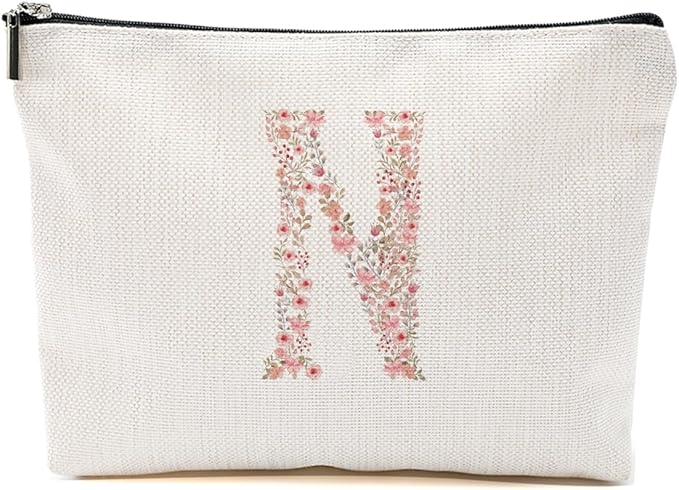 Initial Makeup Bag Floral N Personalized Cosmetic Bag Monogrammed Gifts for Women Girls Niece Bridesmaid Monogram Zipper Pouch for Teacher Appreciation Mothers Day Birthday Wedding Bridal Shower Gifts
