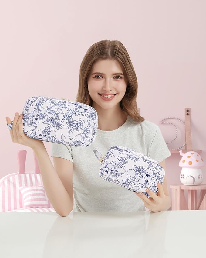 Narwey Cute Makeup Bag Small Toiletry Bag Travel Cosmetic Bag Organizer Make Up Bags with Organized Pockets for Women (Navy Blue Flower, Large)