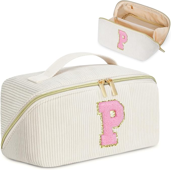 Personalized Initial Makeup Bag,Christmas Gifts for Girl,Preppy Bag Cosmetic Travel Bag Women,Travel Toiletry Organizer,Large Capacity Corduroy Stuff Bag,Cute Cosmetic Pouch Skincare Bag-P