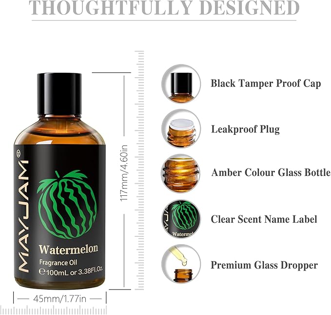 MAYJAM 100ML/3.38FL.OZ Watermelon Fragrance Oils with Glass Dropper, Essential Oils for Diffusers for Home, Long Lasting Scented Oils for Diffusers Soap Candle Making