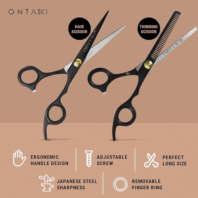 Ontaki Hair Cutting & Thinning Japanese Steel Shears Kit - 7-Inch, Black - Professional Hair Shears - Stainless Steel Thinning Scissors - Barber Scissors Kit with Comb & Pouch