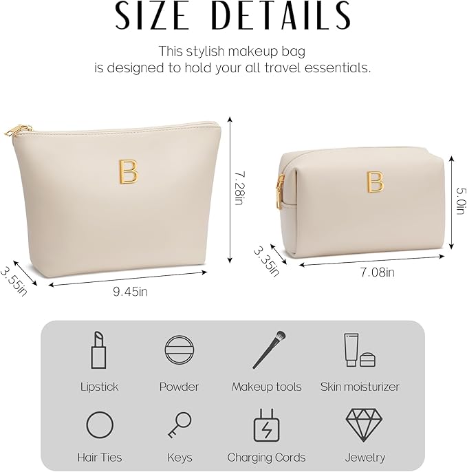 Women Gifts | Initial Makeup Bag Set for Girl Personalized Gifts for Bridesmaid Friend Graduation Teachers PU Leather Cosmetic Travel Toiletry Bag(Beige,B)