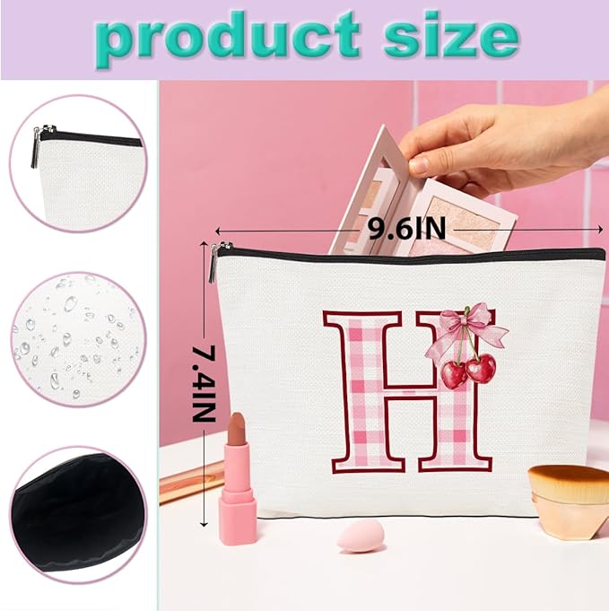 Initial Makeup Bag Monogram Cosmetic Bag Monogrammed Gifts for Women Girls Friends Coworker Girlfriend Personalized Travel Toiletry Bag Christmas Bridal Shower Wedding Bridesmaid Gifts, Cherry H
