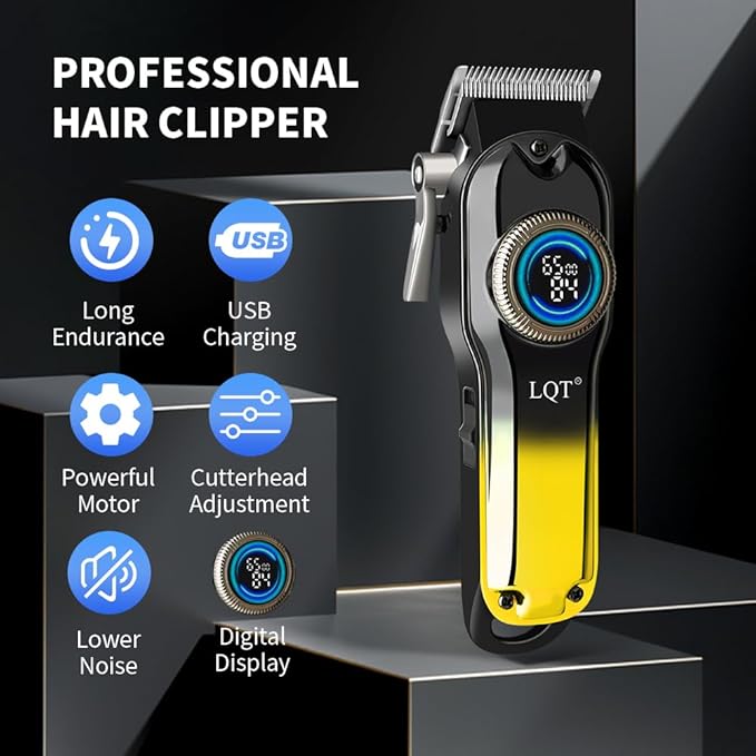 LQT® Hair Clippers for Men Professional, Body Hair Trimmer & Cordless Grooming Set with LED Display Zero Gap Clippers,Fade Haircut Kit, Electric Hair Cut Machines- Ideal Gifts for Men (Gold)