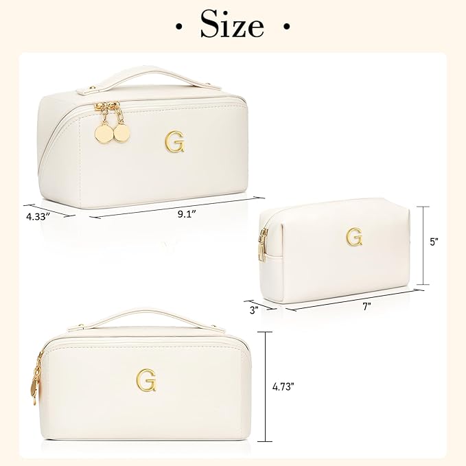 Birthday Gifts for Women Teen Girl, Personalized Initial Makeup Organizer Bag Set, Open Flat Travel Cosmetic Bag With Clear Divider and Handle(Beige,G)