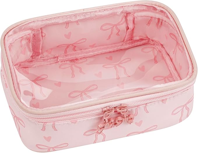 Cute Clear Makeup Bag with Bow Patten,Transparent Nylon Travel Cosmetic Case with Zipper,Portable Makeup Organizer Pouch for Essentials(04Pinkbow-pink)
