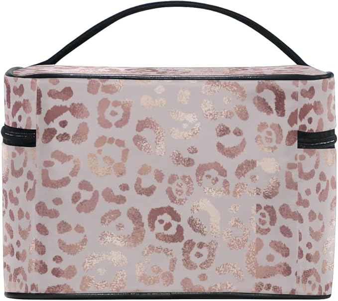 Makeup Bag, Rose Gold Leopard Travel Makeup Organizer Bag Cosmetic Cases Toiletry Bags for Girl Women Ladies