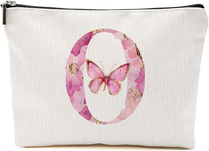 Initial Makeup Bag Pink Butterfly O Personalized Cosmetic Bag Monogrammed Gifts for Women Girls Bride Bridesmaid Monogram Zipper Pouch for Friendship Mothers Day Birthday Wedding Bridal Shower Gifts