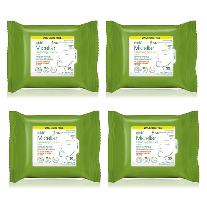 Epielle Micellar Makeup Remover Wipes, Gentle & Hydrating Daily Facial Cleanser Towelettes, Remove Dirt, Oil, Waterproof Mascara, Hypoallergenic & Alcohol-Free, 30 Count (Pack of 4)