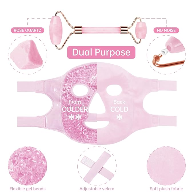 ZNÖCUETÖD Ice Face Facial Jade Roller and Ice Face Mask Cold Cooling Gel Mask Gift Set for Women Aging Wrinkles Lifting Firming Puffy Eyes, Eye Face Neck Roller Massager SPA Tools