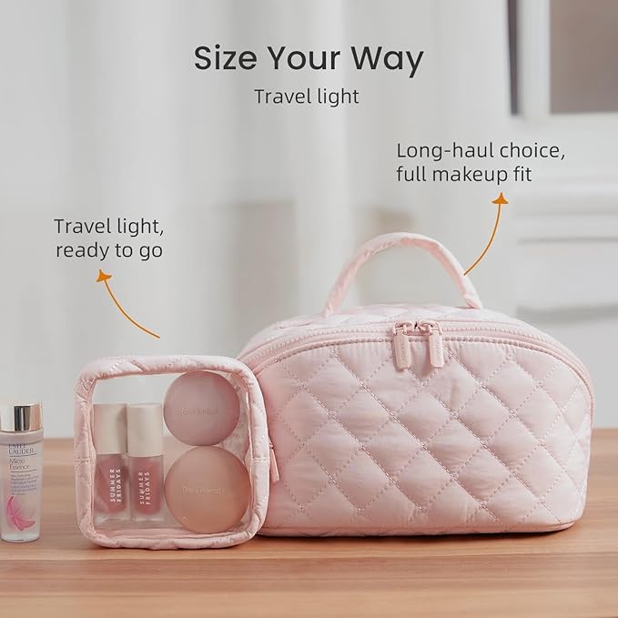 Makeup Bag for Woman, 180° Lay Flat Wide Open Makeup Bags, Large Fold out Washable Cosmetic Case, Quilted Puffy Toiletry Bags for Toiletries (Pink)
