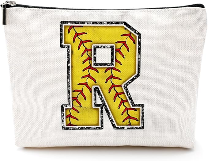 Initial Makeup Bag Monogrammed Cosmetic Bag Yellow Letter R Zipper Pouch Softball Accessories for Girls Women Player Coach Friend Graduation Birthday Gifts