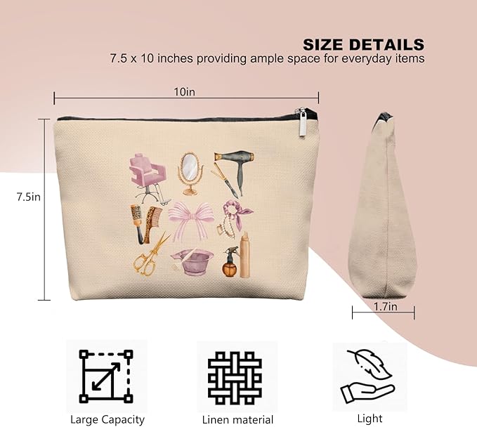 Hairstylist Gifts Women Makeup Bag, Cute Cosmetic Pouch for Hairdressers & Cosmetology Students, Hair Salon Travel Organizer Bag for Teen Girls, Aesthetic Stylist Accessories, 7.5 x 10 in