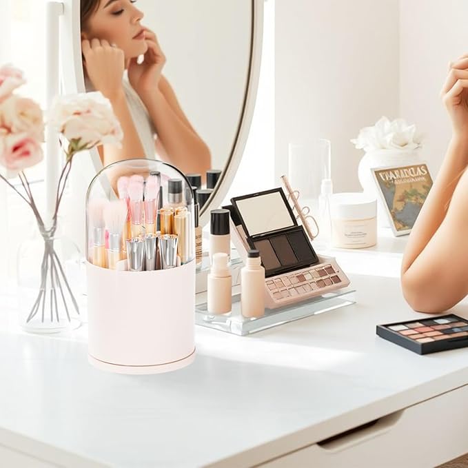 Yieach Rotating Acrylic Makeup Brush Holder with Lid for Vanity,Bathroom,Countertop,Covered Makeup Brushes Organizer,Round Spinning Cosmetic Brushes Holder and Make up Brush Storage with Cover,Pink