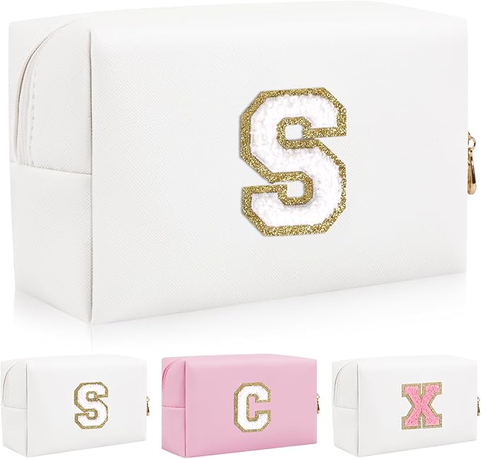 Personalized Initial Letter Patch Makeup Bag, Preppy Portable Chenille Letter Cosmetic Bag with Zipper, PU Leather Waterproof Travel Toiletry Bag Monogram Make Up Pouch for Women Girls(Letter S)