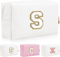 Personalized Initial Letter Patch Makeup Bag, Preppy Portable Chenille Letter Cosmetic Bag with Zipper, PU Leather Waterproof Travel Toiletry Bag Monogram Make Up Pouch for Women Girls(Letter S)