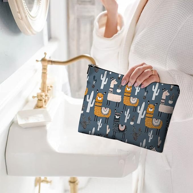 Cute Makeup Bag for Purse Canvas Waterproof Funny Cosmetic Bags for Women Zipper Travel Toiletry Pouch-Alpaca Makeup Bags-Grey