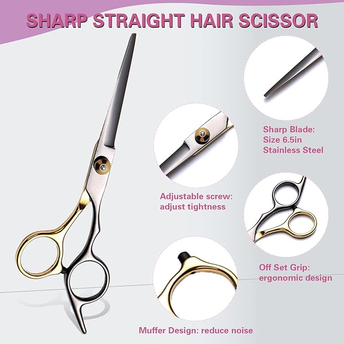 Hair Cutting Scissors Kit 11PCS, Professional Haircut Scissors with Japanese Stainless Steel Shears, Thinning Shears, Haircut Accessories in Leather Case for Salon/Home (Black - Gold)