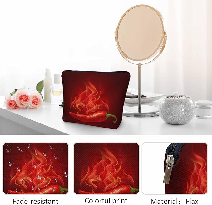 Chili Pepper Cosmetic Travel Bag For Toiletries, Fire Hot Spicy Red Chili Pepper Makeup Bag Toiletry Bags For Women, Flax Cosmetic Bags Make Up Bag Purse Toiletries Bag Birthday Gift