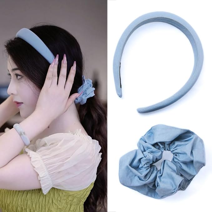 Headband and Scrunchie Set for Women 2Pack Hair Ties for Girls Elastics Bands Ponytail Holder Hair Accessories Blue