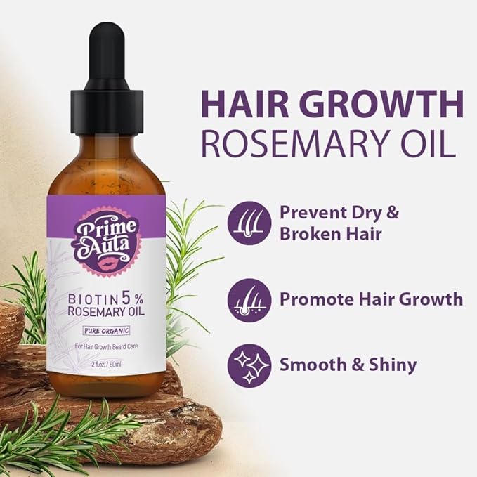 Prime Auta Organic Hair Growth Rosemary Oil with Biotin 5%, 2 fl oz, Hair and Beard Care