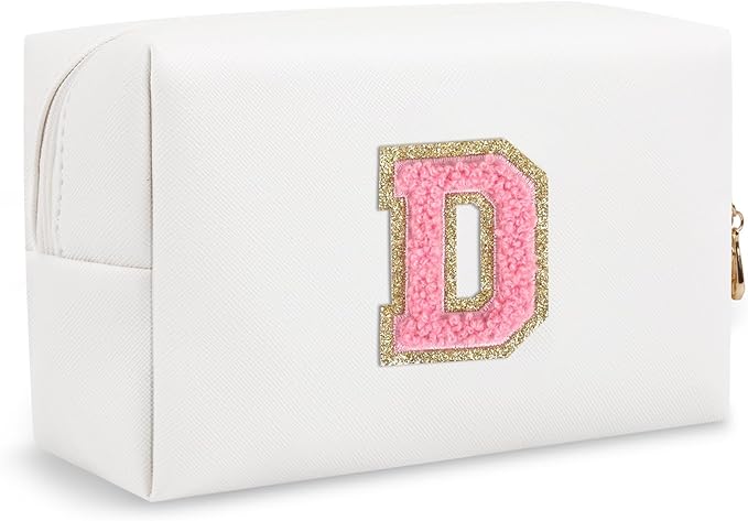 Personalized Chenille Letter Preppy Makeup Bag, Small Cute Mini Travel Cosmetic Bag Initial Toiletry Zipper Pouch Makeup Storage, Waterproof Makeup Case Travel Essentials for Her Daughter(Letter D)