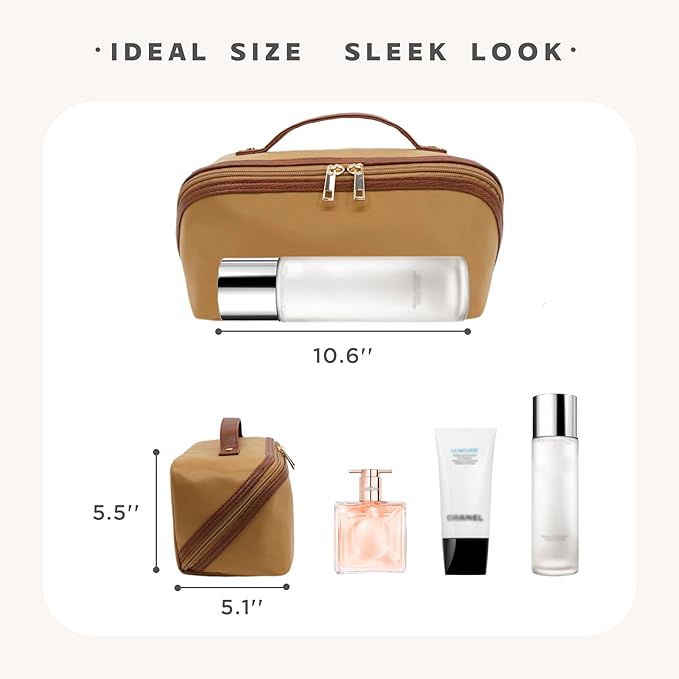 Travel Makeup Bag – Large Cosmetic Organizer with Waterproof Nylon, Smooth Double Zipper & Tear-Resistant Lining, Toiletry Pouch for Women (Khaki)